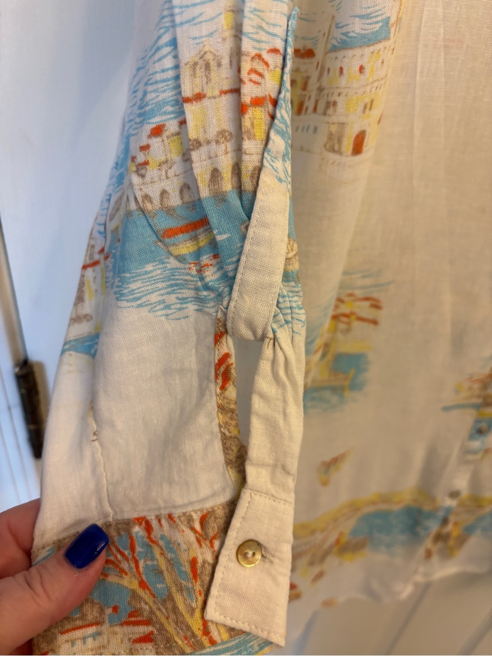 Calypso St. Barth White Shirt Dress with Blue & Yellow Coastal Print ~ Women’s M - Picture 5 of 5